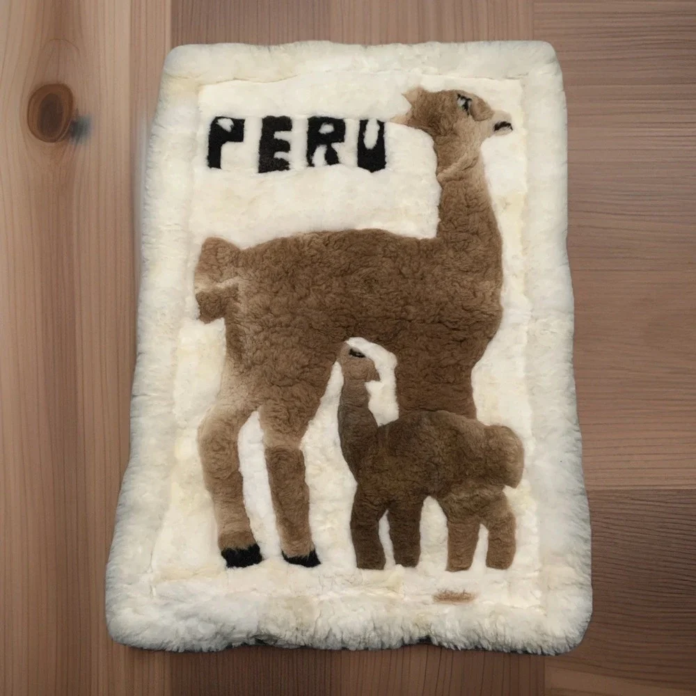 Vtg Peruvian 100% Alpaca Fur Tapestry Rug Hand-made 38x‎ 28 Mother & Calf Rare